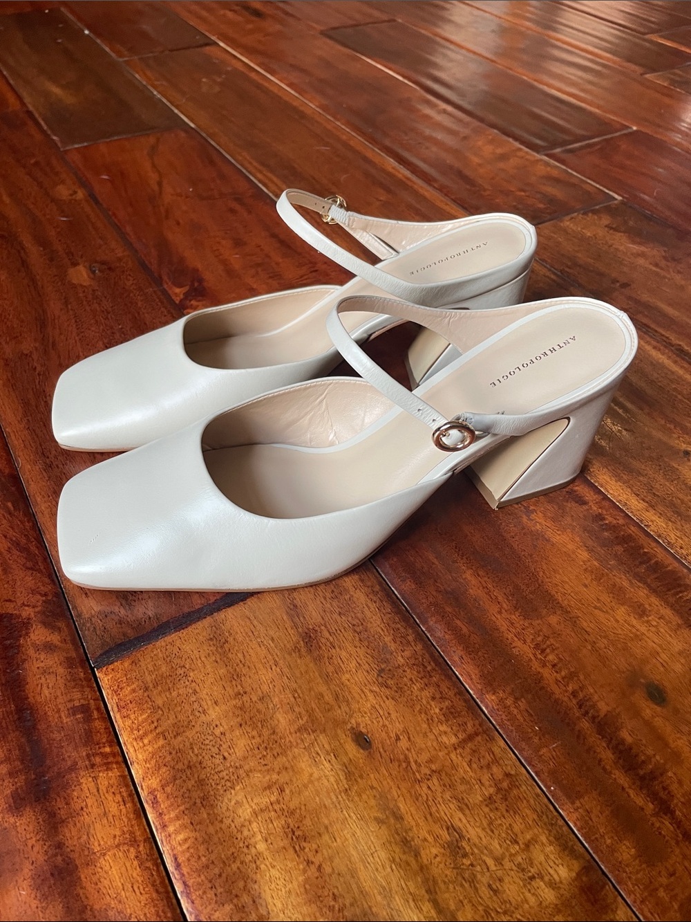 Anthropologie Square Toe Cream Slingback Block Heel Pumps
